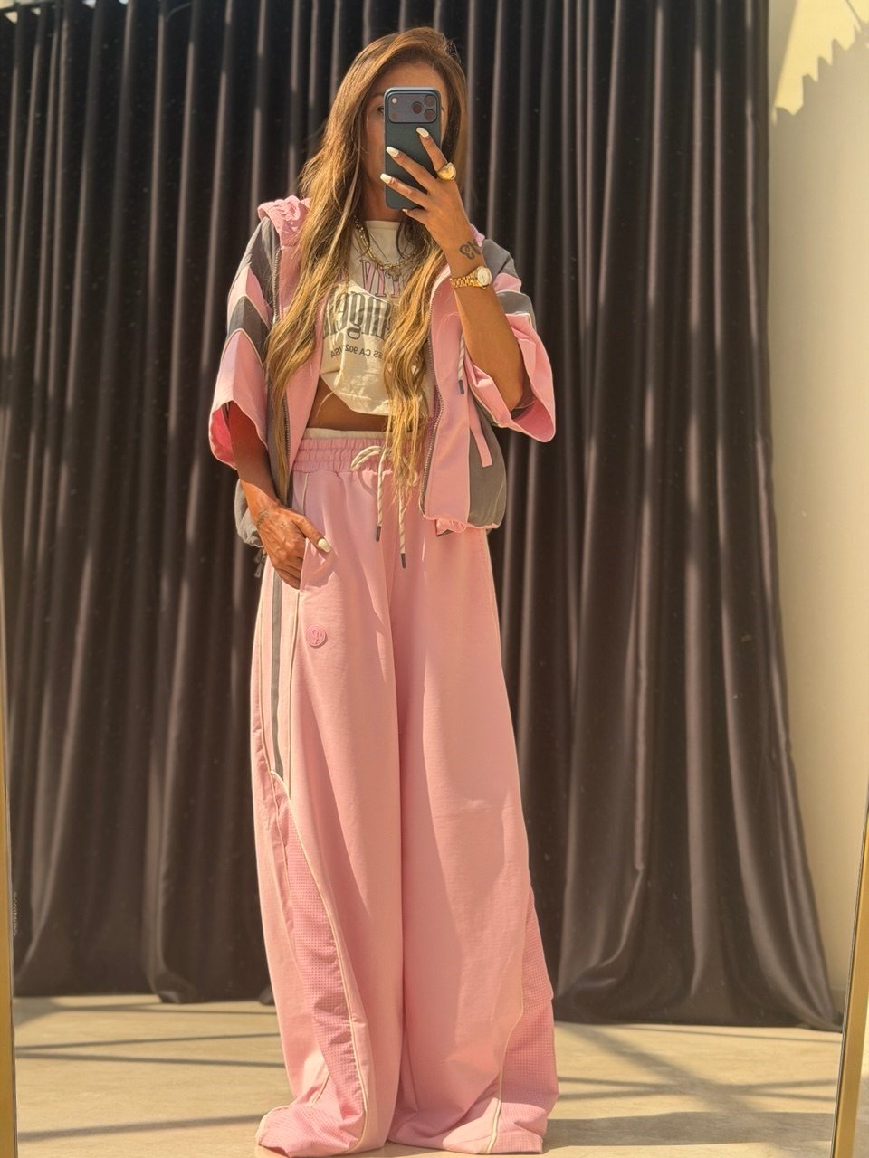 Tasarım Şerit Detaylı Üçlü Takım Pembe-Gri