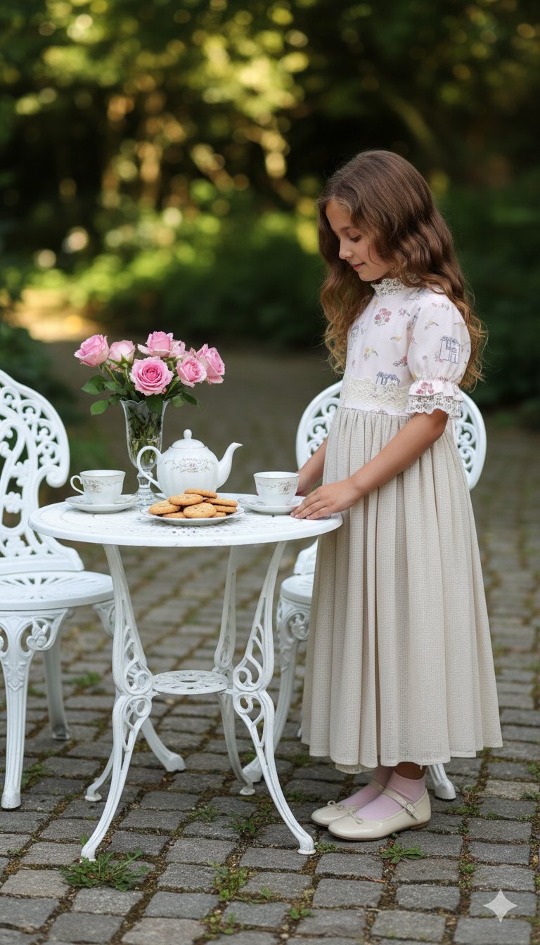 Kuş Evli Bej Etekli Çocuk Elbise