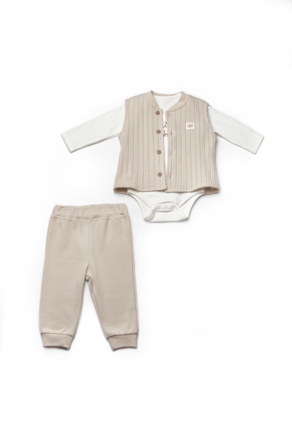 BabyCosy Erkek Bebek 3Lü Yelekli Takım 3-24 Ay TAŞ