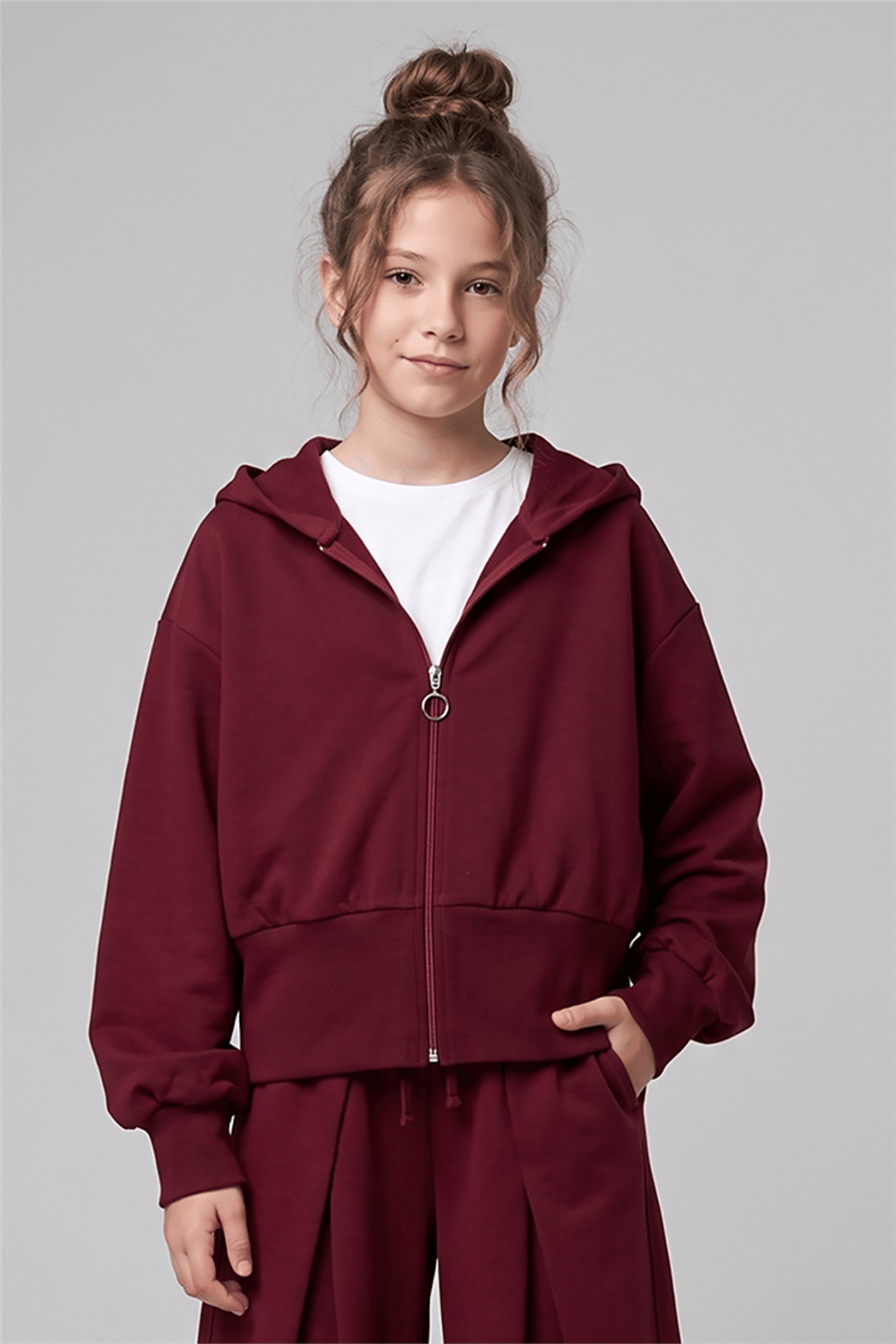 Dmb Kız Çocuk Kapüşonlu Crop Sweatshirt 9-14 Yaş Vişne