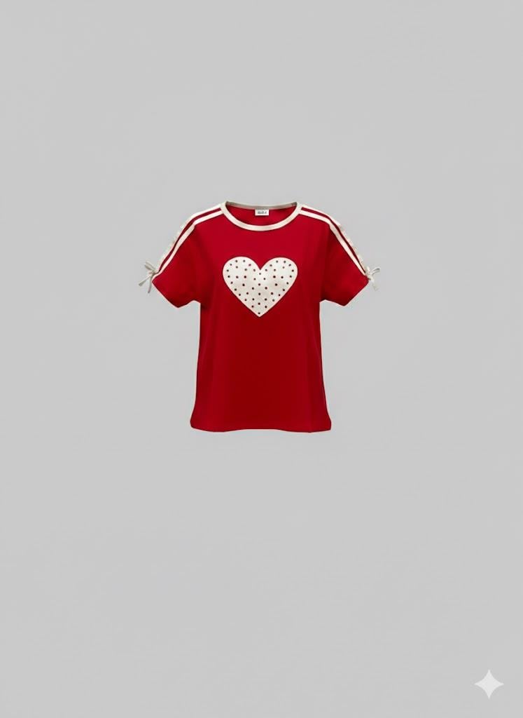 Escabel Kız Çocuk Kalp Basskılı Tshirt 9-14 Yaş Kırmızı