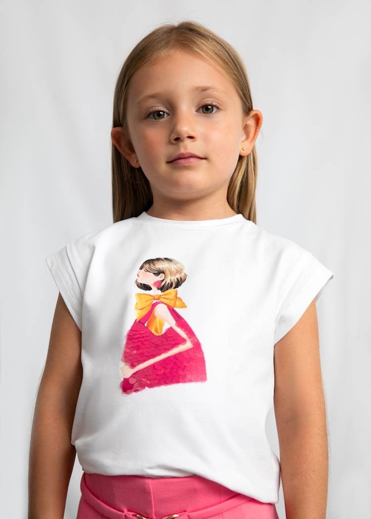 Mayoral Kız Çocuk Baskılı Tshirt 4-8 Yaş Beyaz