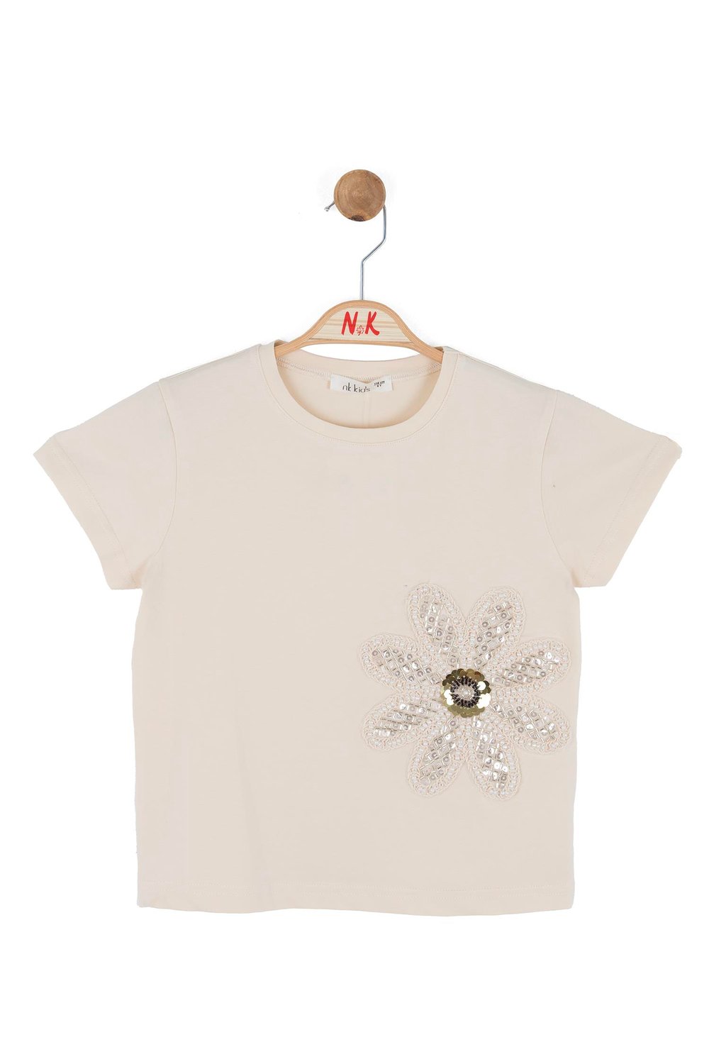 Nk Kız Çocuk Boncuk İşlemeli Tshirt 4-8 Yaş Krem