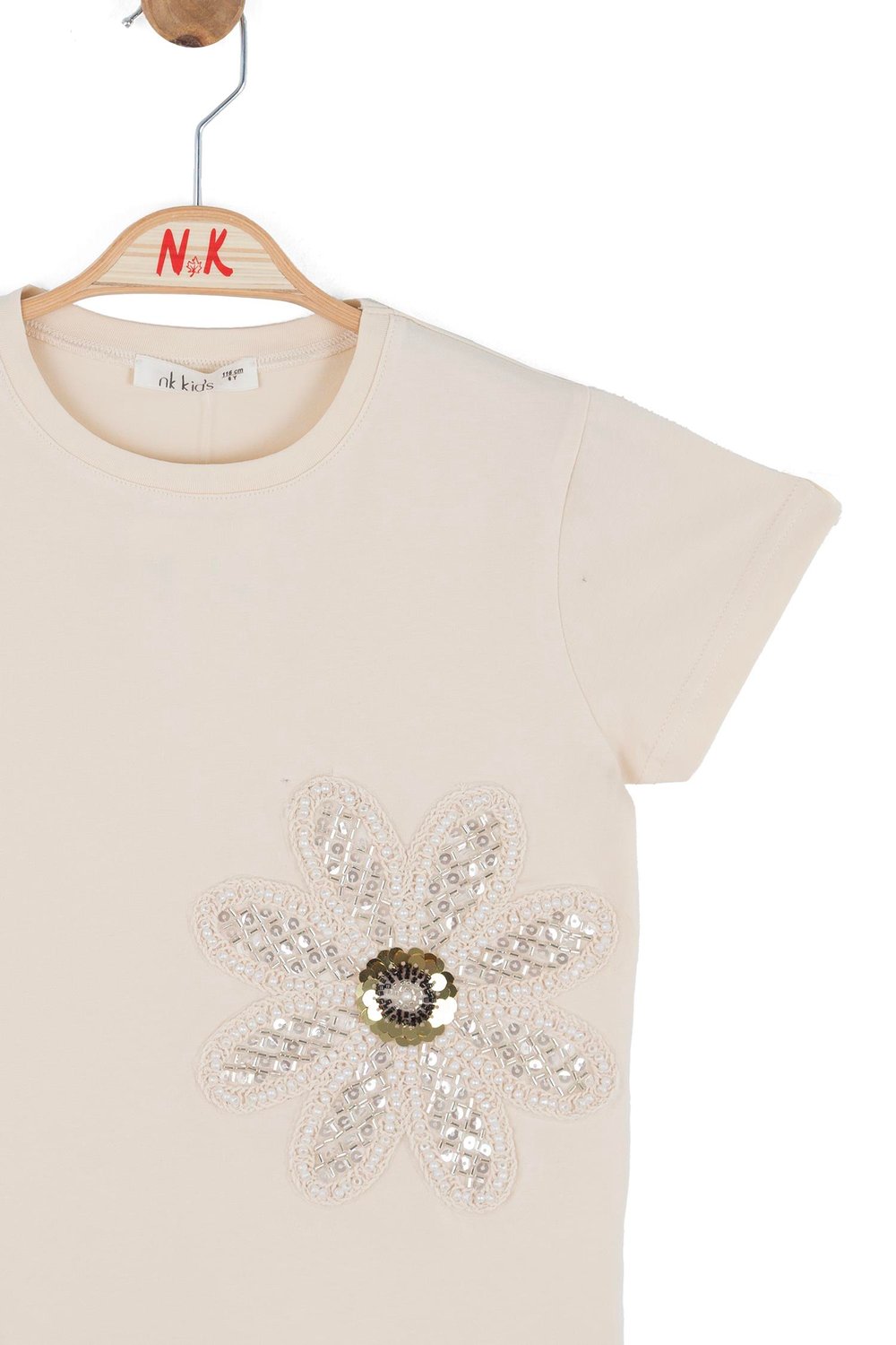 Nk Kız Çocuk Boncuk İşlemeli Tshirt 4-8 Yaş Krem