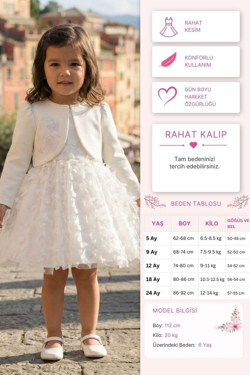 Pamina Kız Bebek 3D Kelebek Ceketli Elbise 6-24 Ay Ekru
