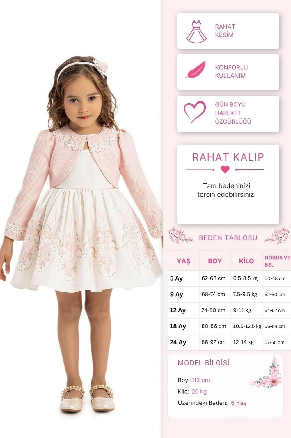 Pamina Kız Bebek Bolero ve Saç Aksesuarı Elbise 6-24 Ay Pudra