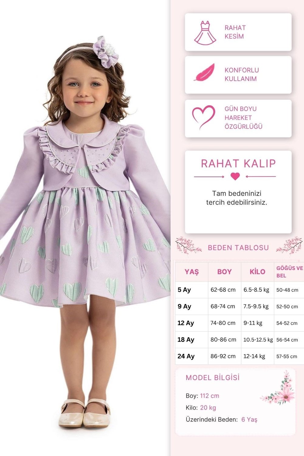 Pamina Kız Bebek Bolero ve Saç Aksesuarı Elbise 6-24 Ay Lila