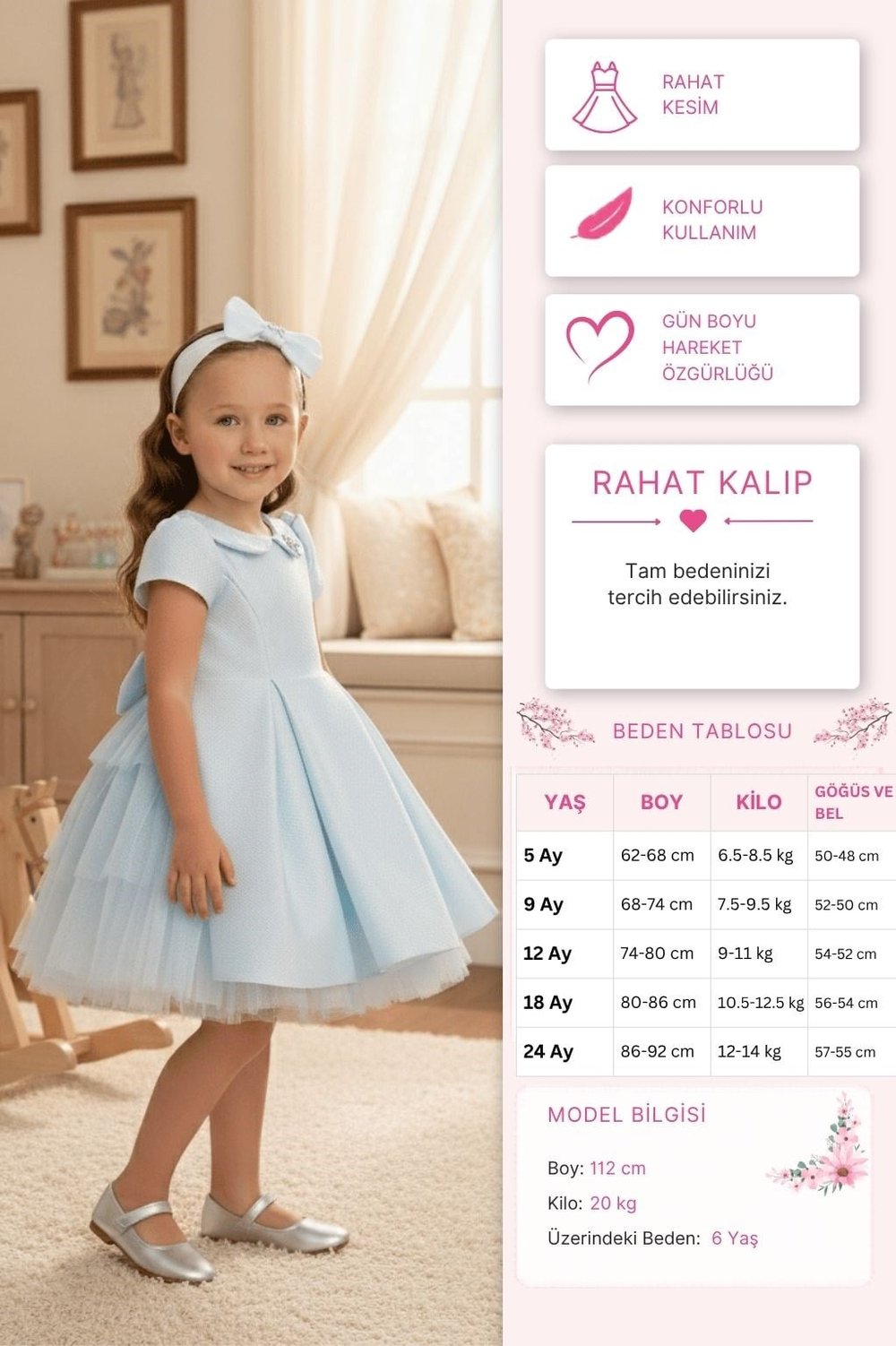 Pamina Kız Bebek Fiyonk Detaylı ve Saç Bandlı Elbise 6-24 Ay Mavi