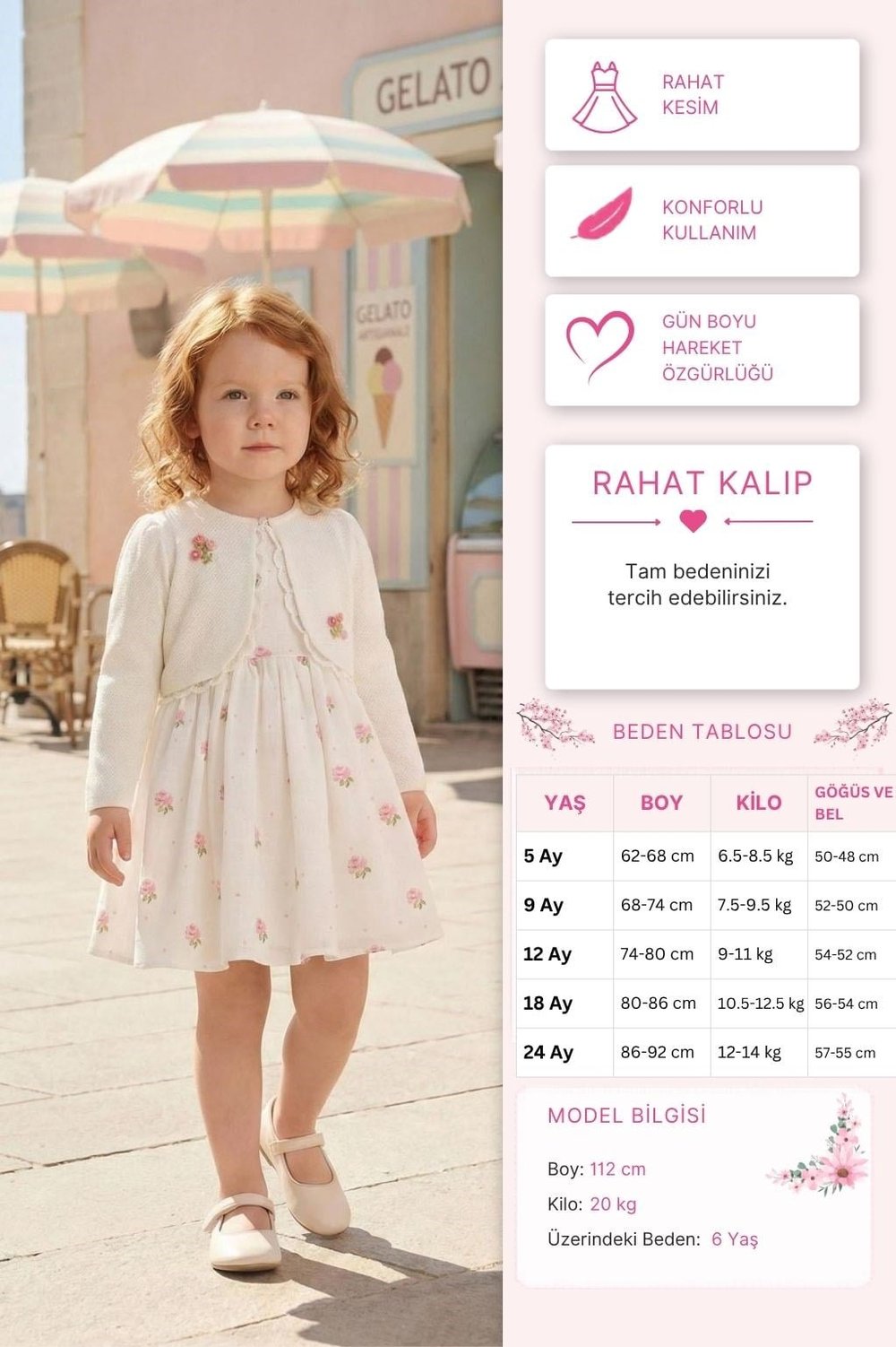 Pamina Kız Bebek İşlemeli Gül Desenli Elbise ve Ceket Takımı 6-24 AY Ekru