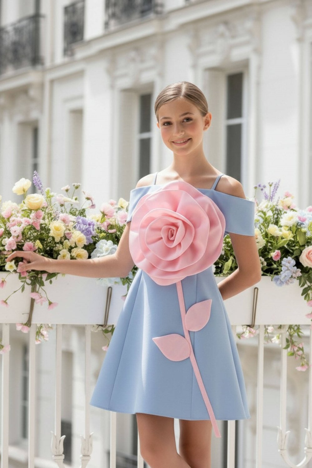 Pamina Kız Çocuk 3D Gül Detaylı Elbise 8-15 Yaş Mavi