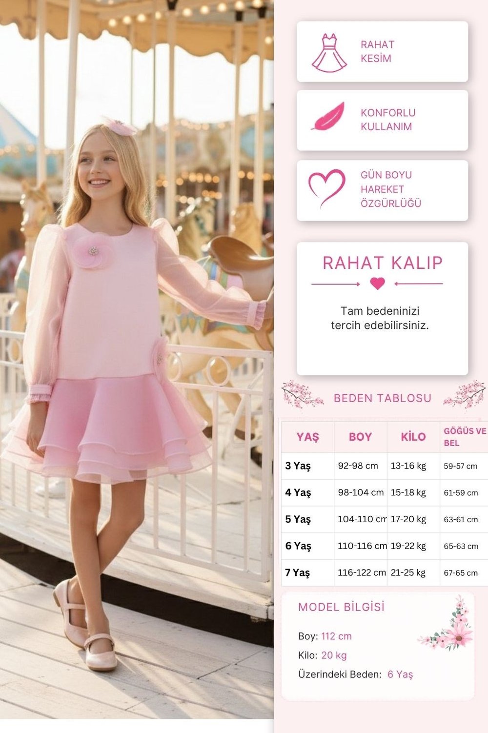 Pamina Kız Çocuk Çiçek İşlemeli Organza Elbise 3-7 Yaş Pudra