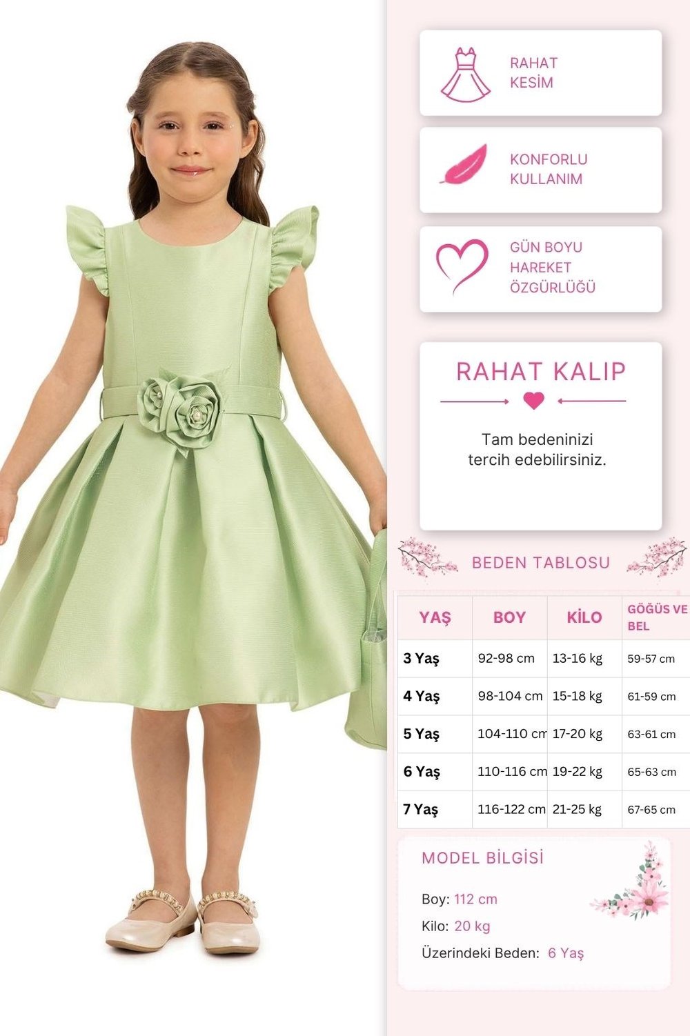 Pamina Kız Çocuk Çicekli Çantalı Abiye Elbise 3-7 Yaş Yeşil