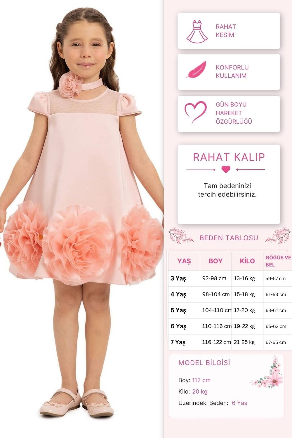 Pamina Kız Çocuk Çiçekli Chokerli Elbise 3-7 Yaş Pudra