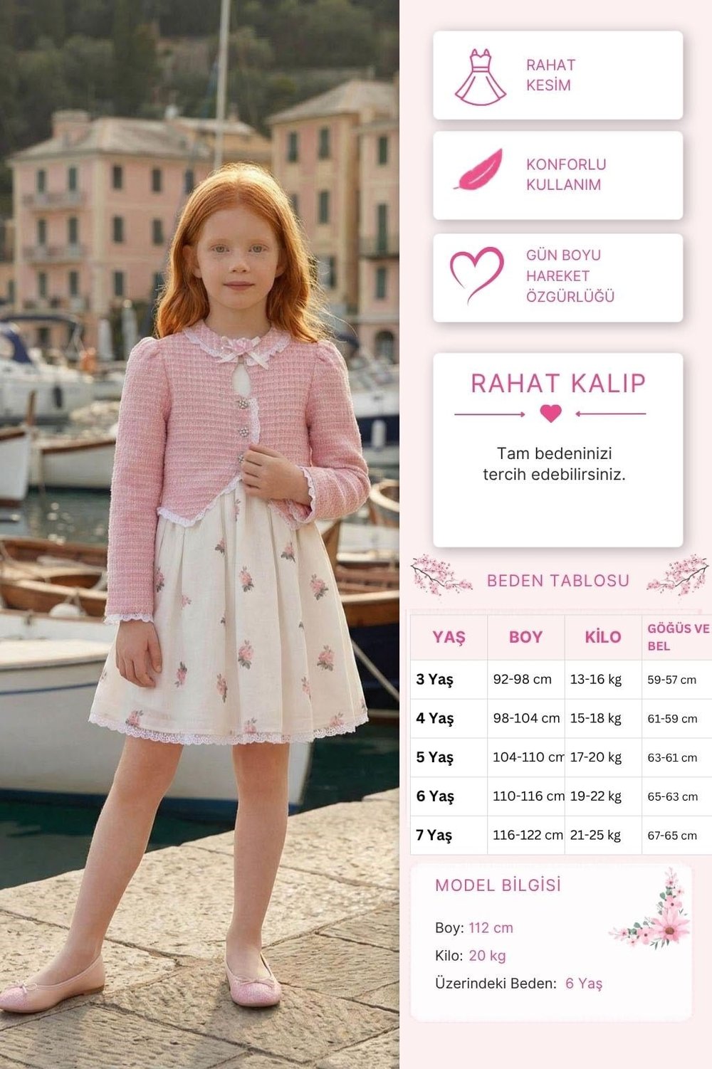 Pamina Kız Çocuk Çiçekli Elbise ve Tüvit Ceketli Takım 3-7 Yaş Pembe