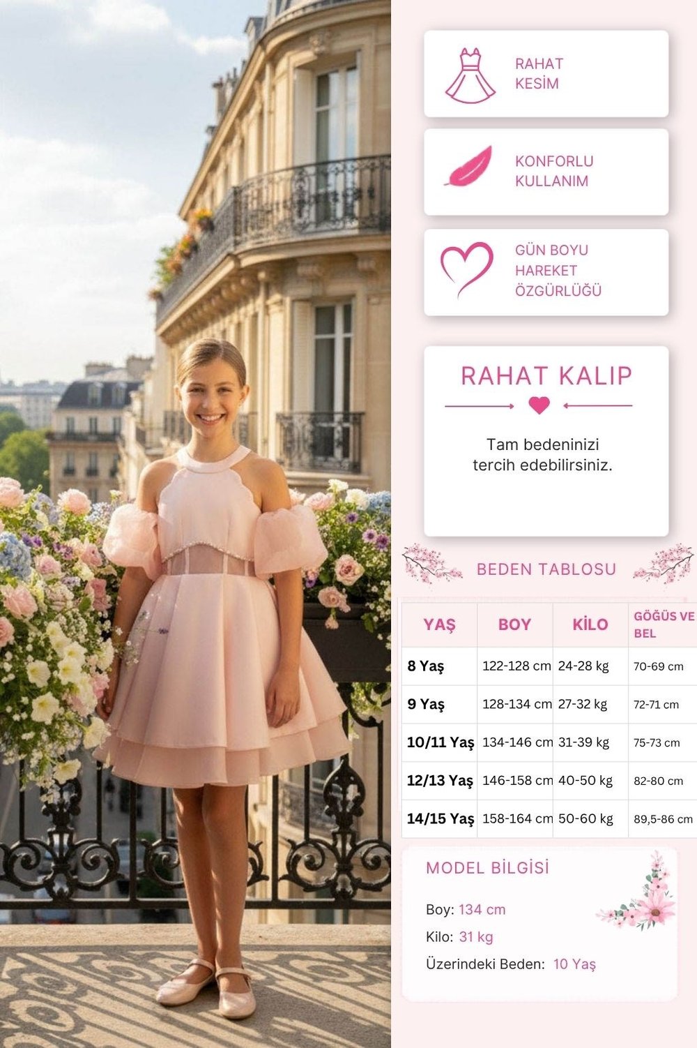 Pamina Kız Çocuk Çıkarılabilir Organza Kollu Elbise 8-15 Yaş Pembe