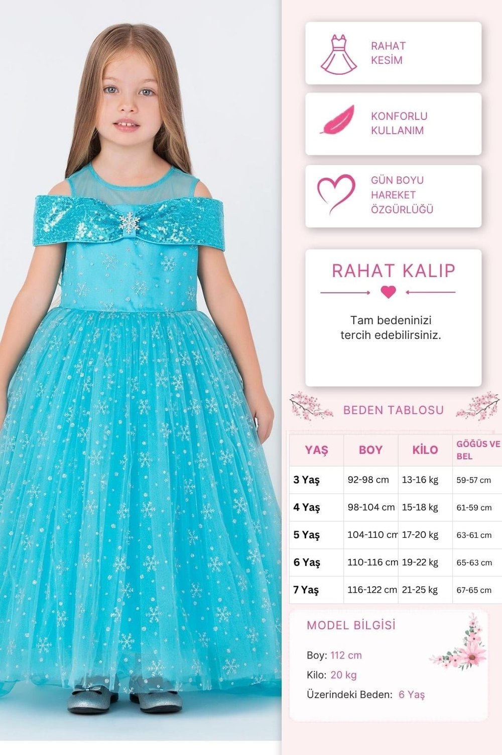 Pamina Kız Çocuk Elsa Elbise 3-7 Yaş Mavi