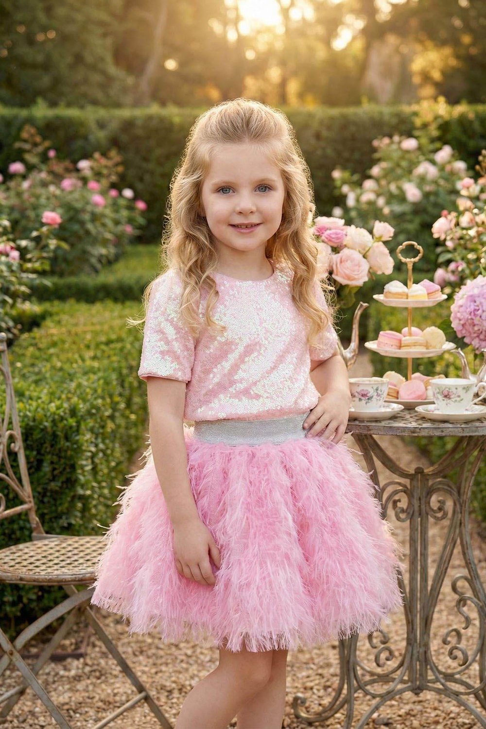 Pamina Kız Çocuk Işıltılı Payetli Etekli Takım 3-7 Yaş Pembe