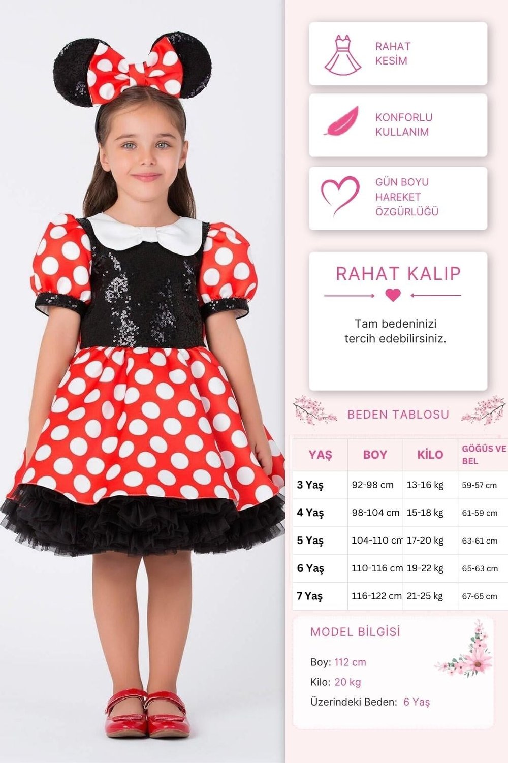 Pamina Kız Çocuk Minnie Mause Elbise 3-7 Yaş Kırmızı