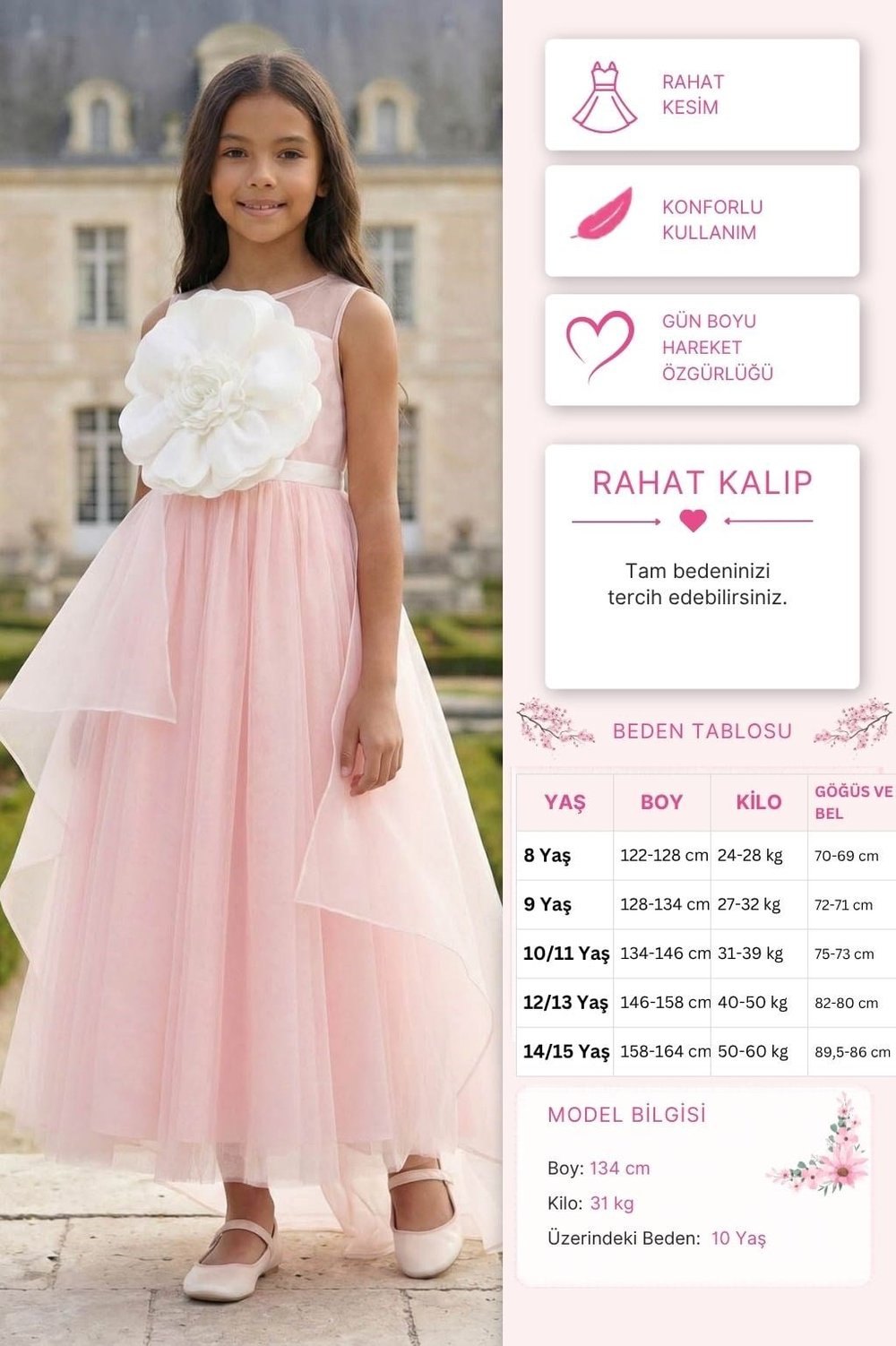Pamina Kız Çocuk Organza Katmanlı  Büyük Boy Çiçek Detaylı Elbise 8-15 Yaş Pembe