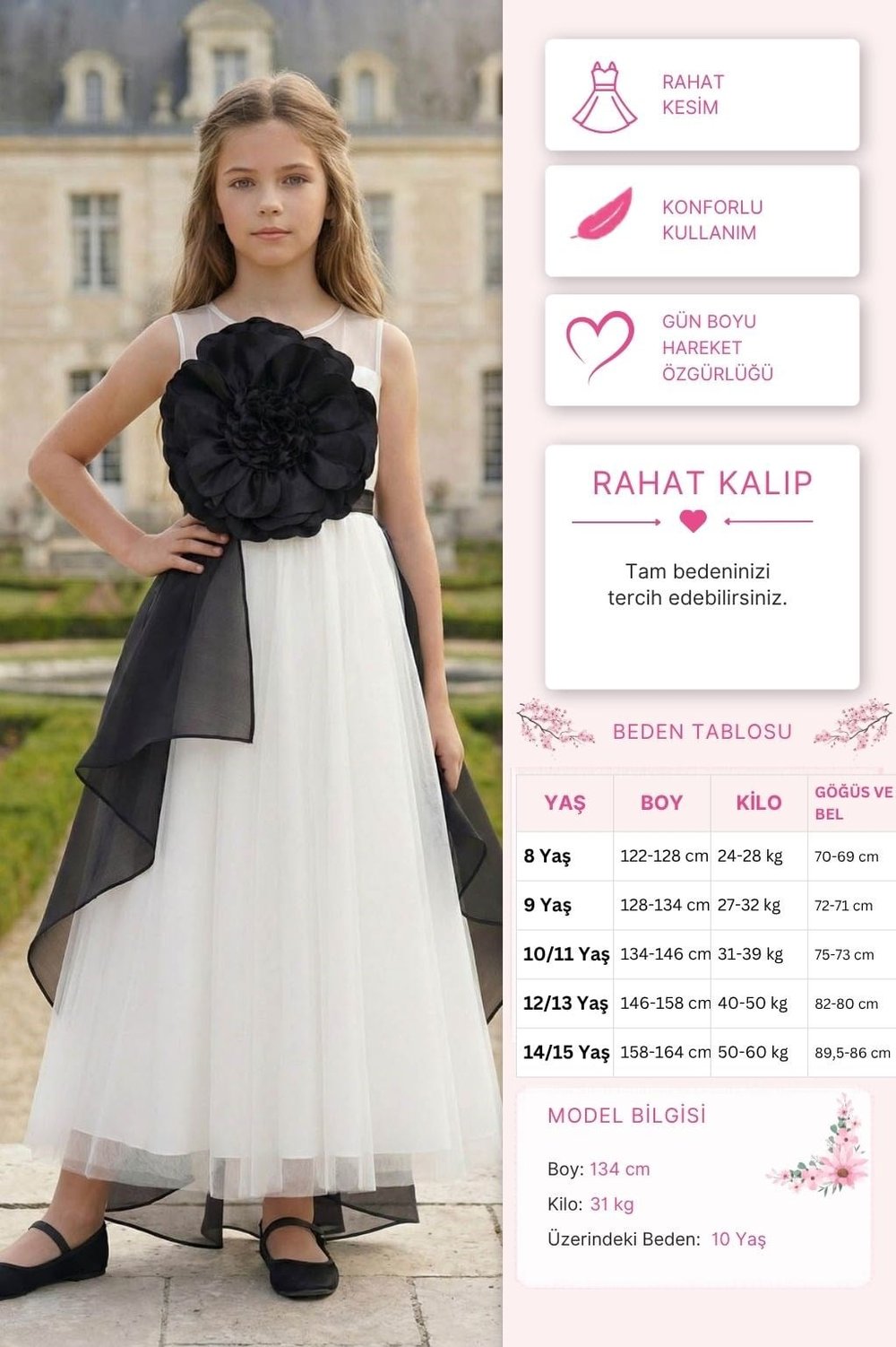 Pamina Kız Çocuk Organza Katmanlı  Büyük Boy Çiçek Detaylı Elbise 8-15 Yaş Siyah