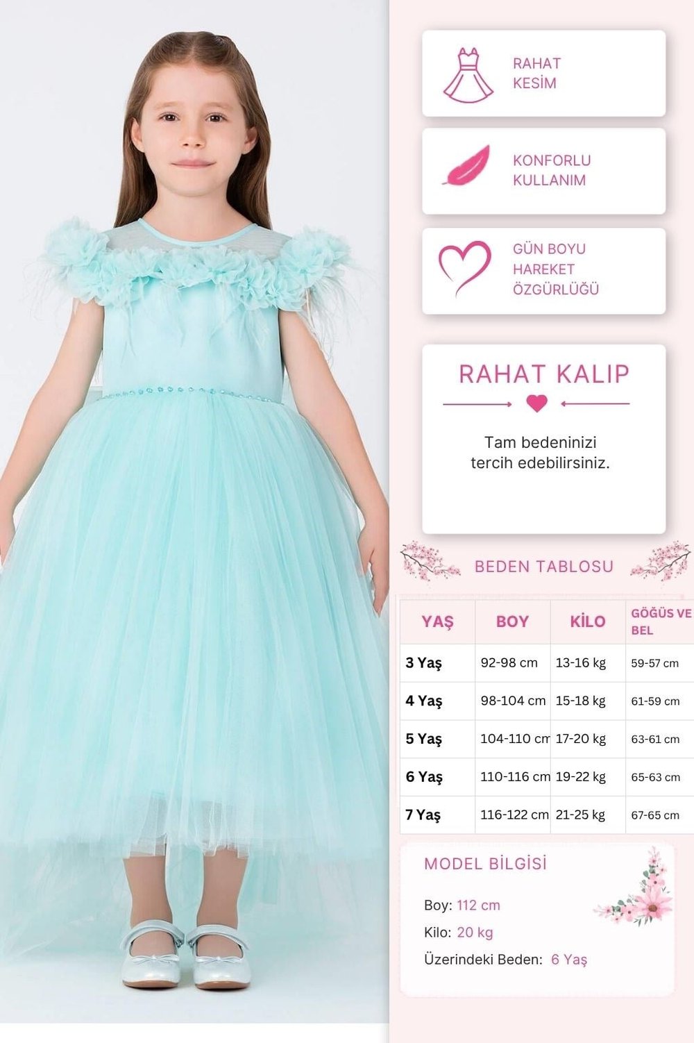 Pamina Kız Çocuk Prenses Elbise 3-7 Yaş Mint