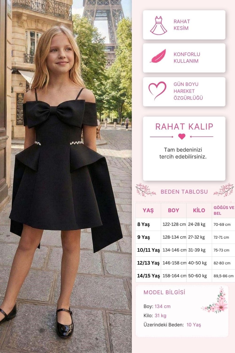 Pamina Kız Çocuk Saten Fiyonklu Omuz Detaylı Elbise 8-15 Yaş Siyah