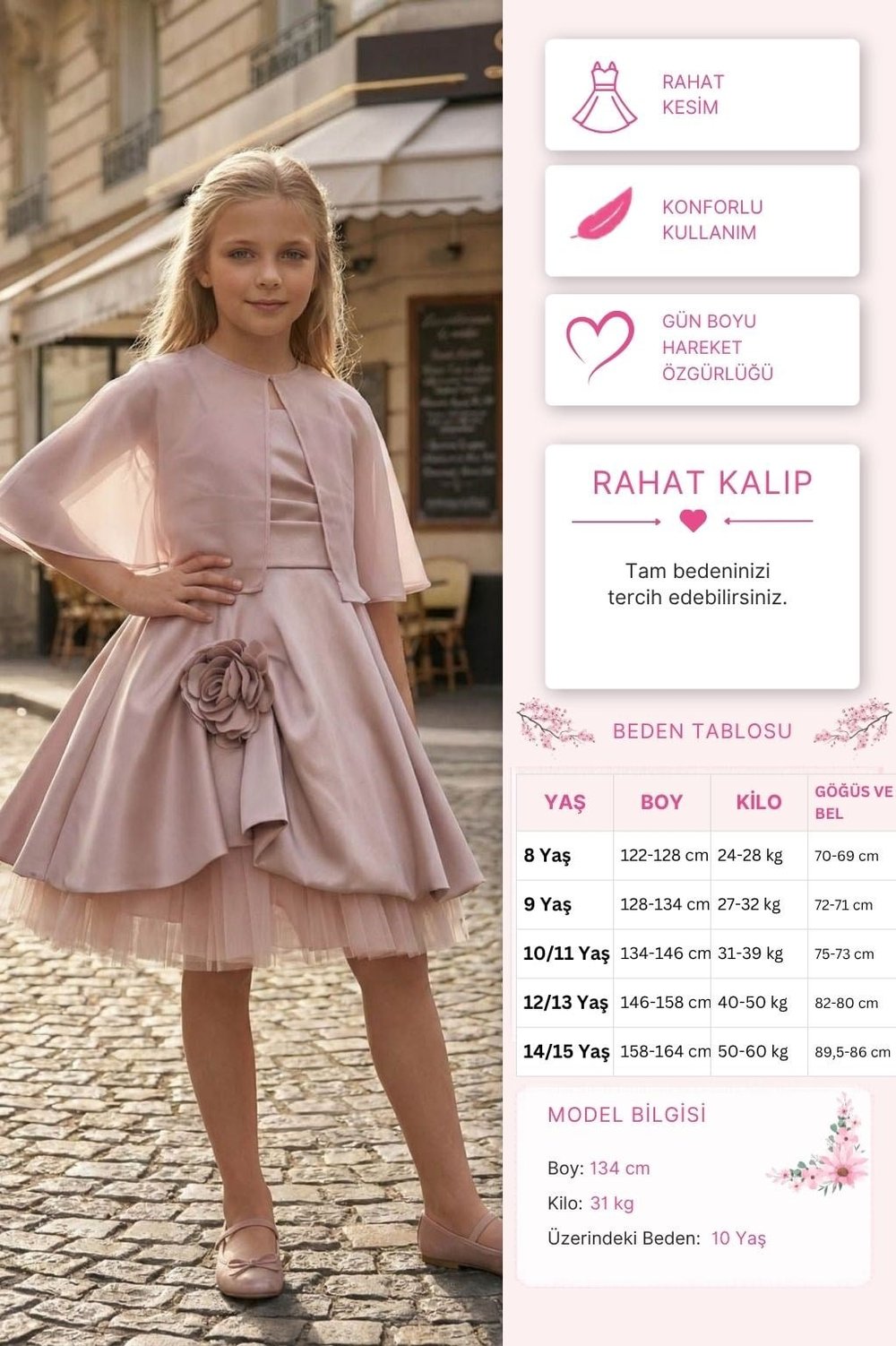 Pamina Kız Çocuk Şeffaf Pelerinli Saten Parti Elbise 8-15 Yaş Pembe