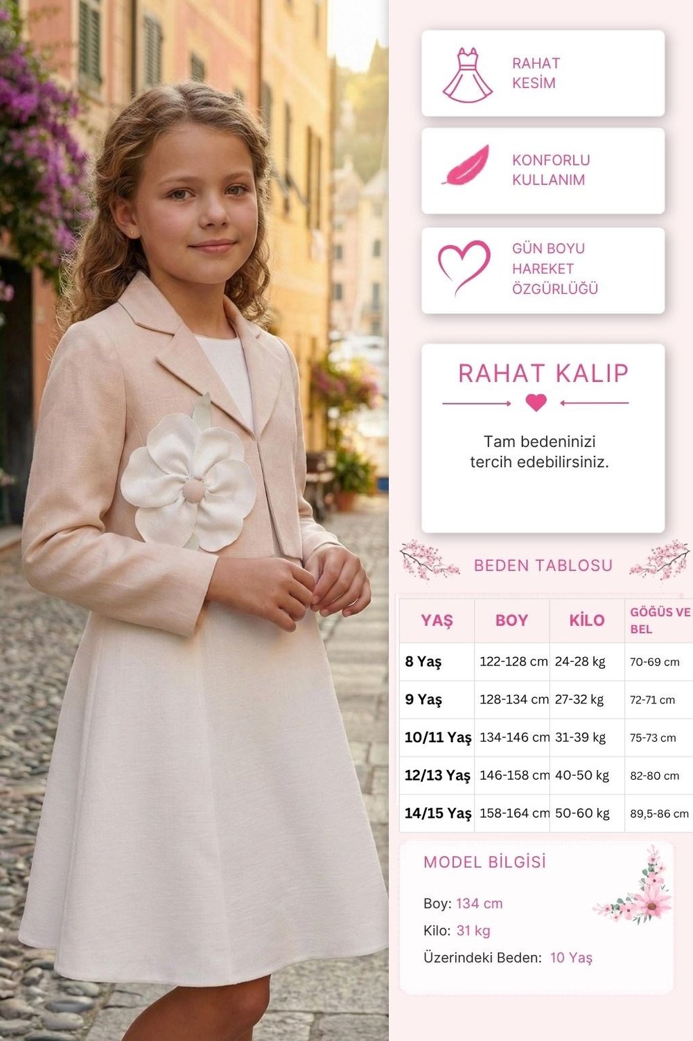 Pamina Kız Çocuk Şık Elbise ve Ceket 8-15 Yaş Bej