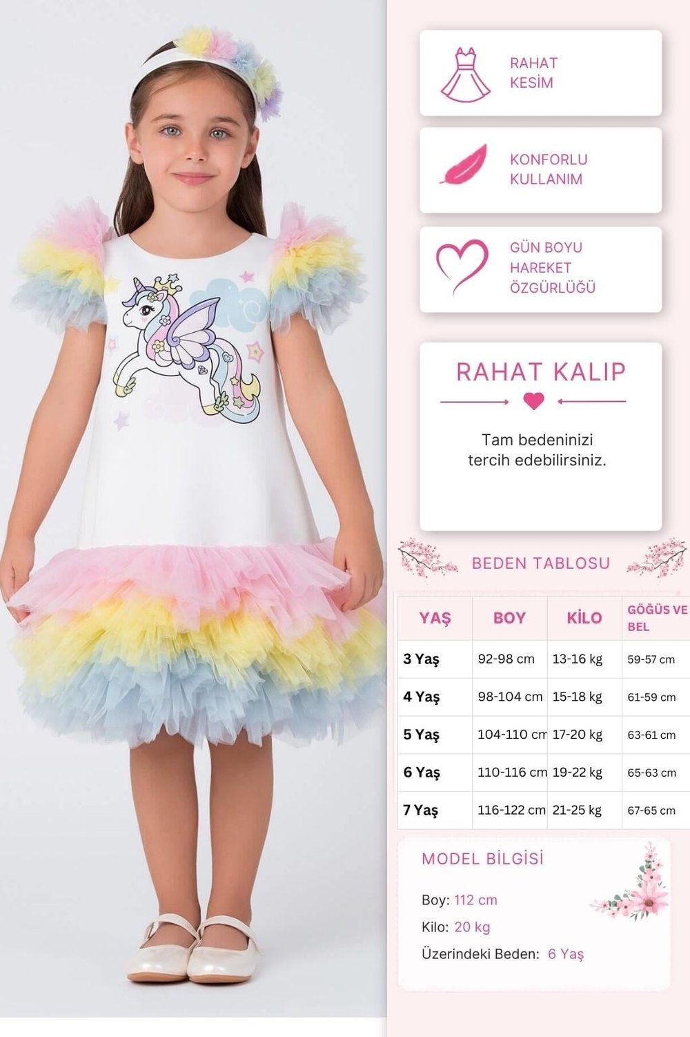 Pamina Kız Çocuk Unicorn Elbisesi 3-7 Yaş Beyaz