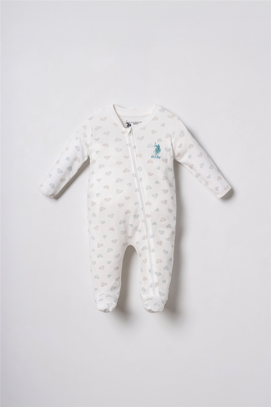 U.S. Polo Assn. Baskılı Kız Bebek %100 Pamuk Cute Hearts Tulum 03-9 Ay Beyaz