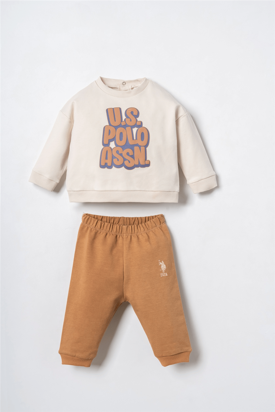 U.S. Polo Assn. Erkek Bebek Baskılı Beyaz Uzun Kol EşofmanTakım 6-36 Ay Bej