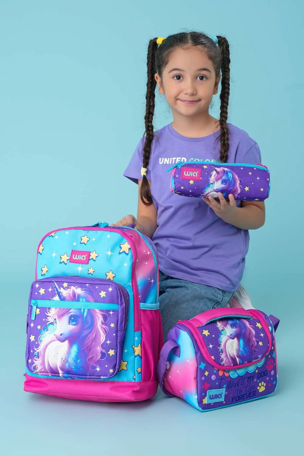 Wia Kız Çocuk Unicorn Desenli 3lü Okul Çanta Seti Pembe