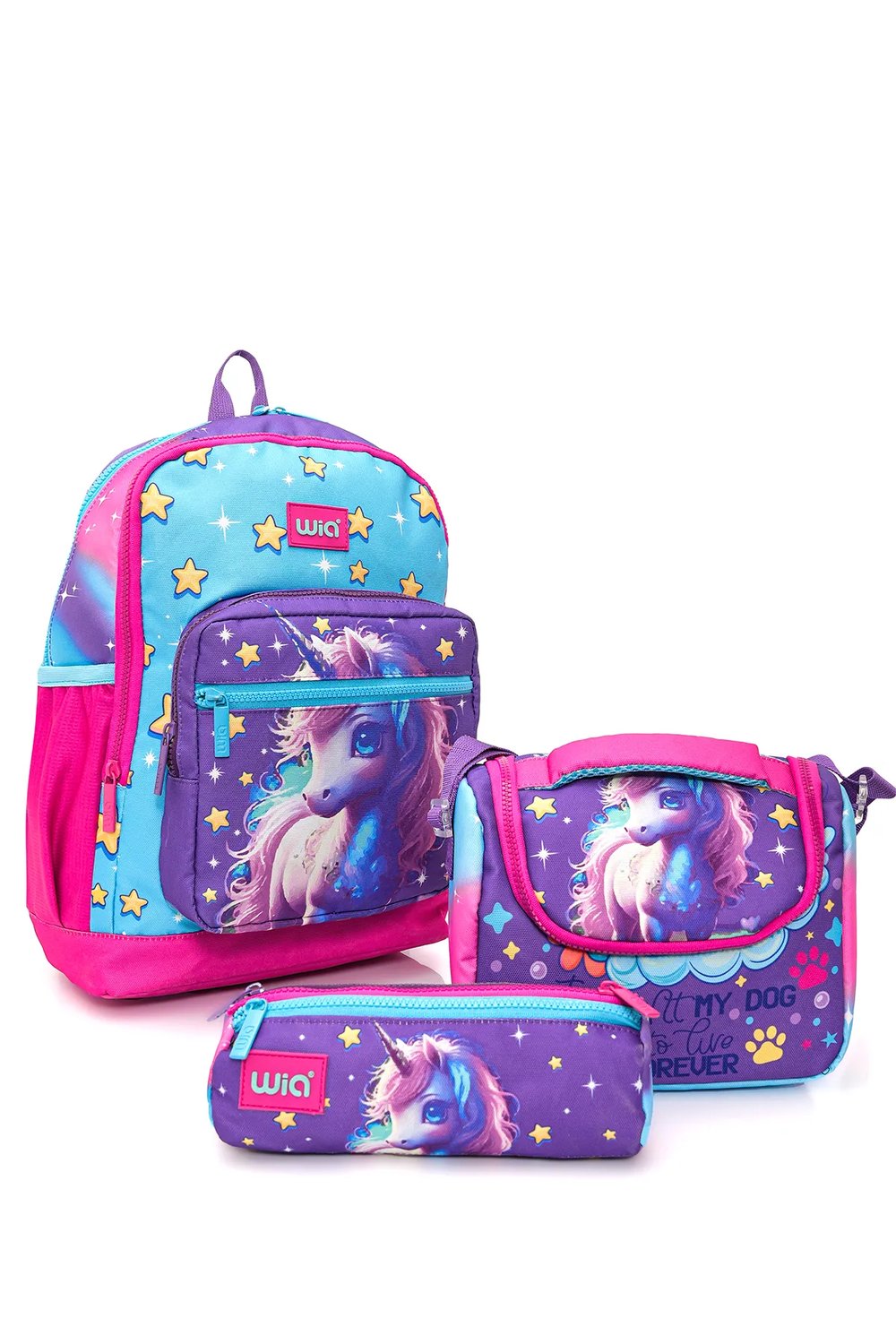 Wia Kız Çocuk Unicorn Desenli 3lü Okul Çanta Seti Pembe