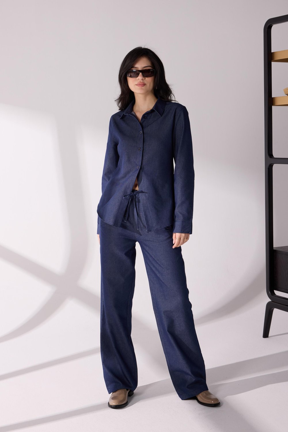Denim Gömlek Palazzo Pantolon Takım