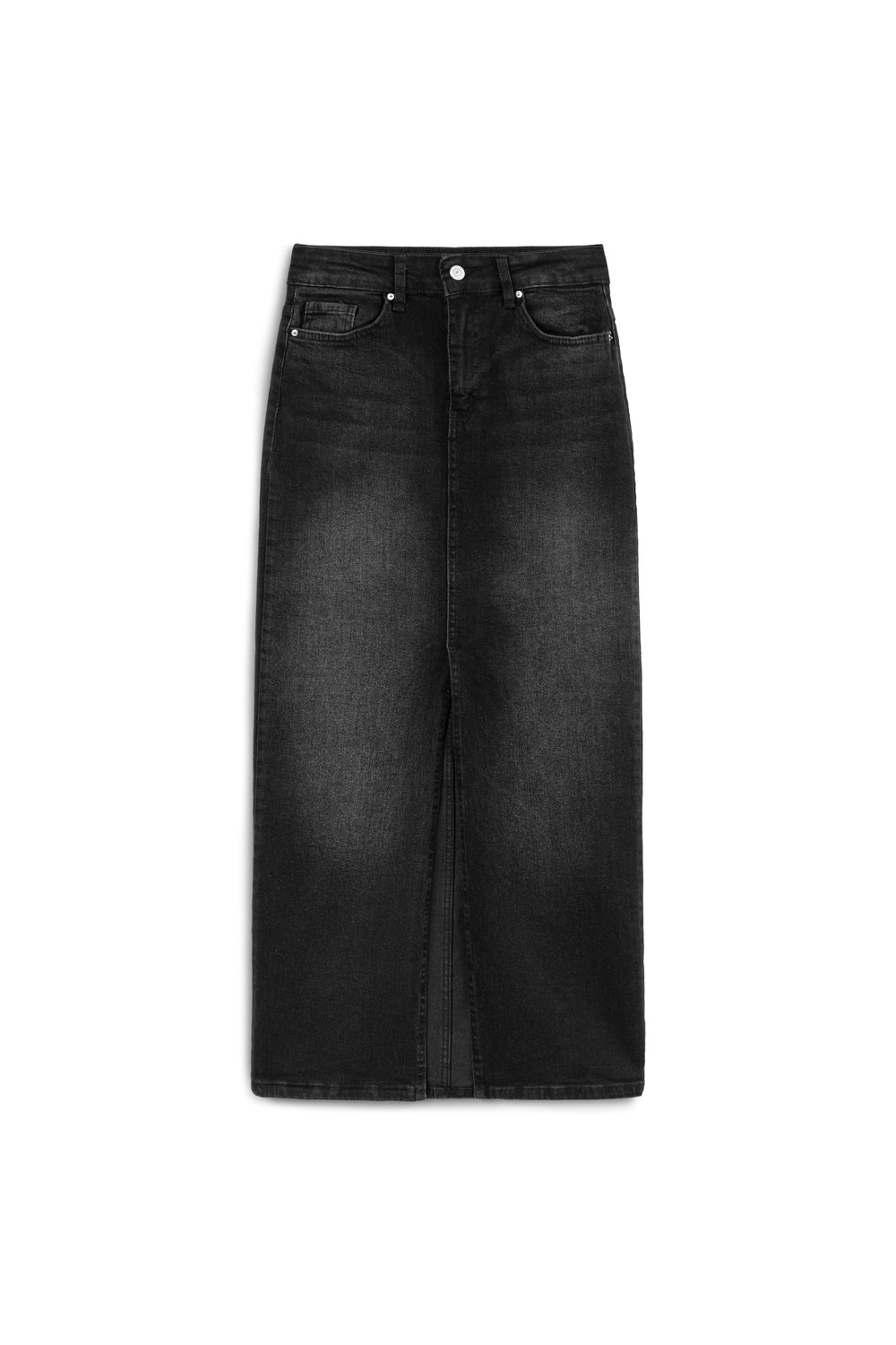 Önden Yırtmaç Detaylı Beş Cepli Siyah Midi Denim Etek