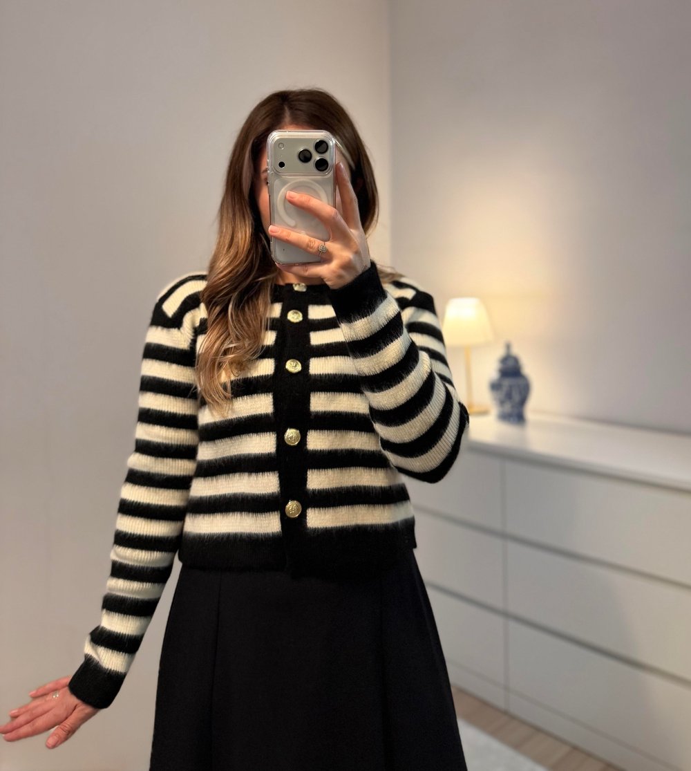 Oversize Fit Bisiklet Yaka Düğmeli Crop Triko Siyah