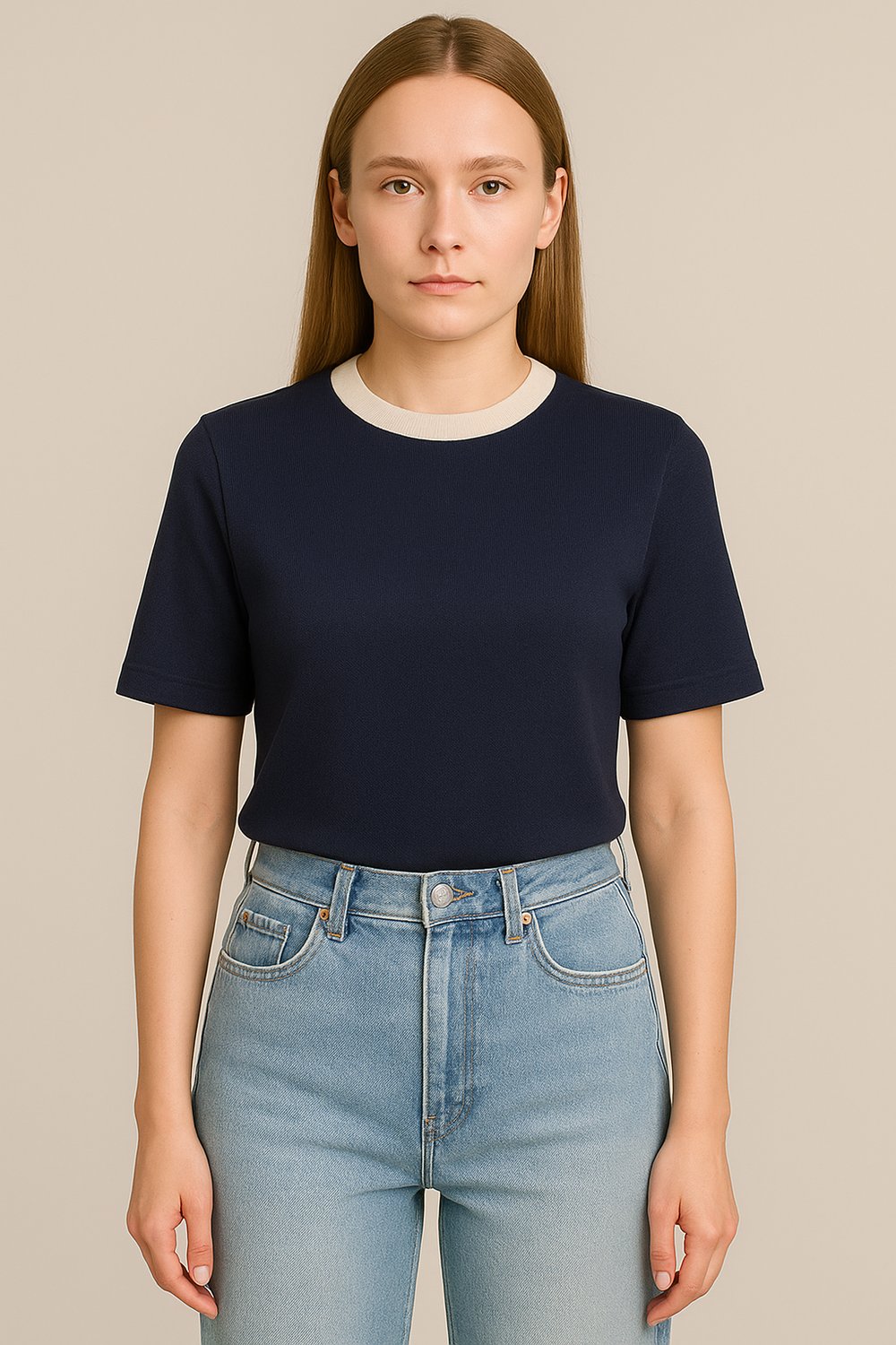 Yaka Detaylı Pamuklu Basic T-shirt Lacivert