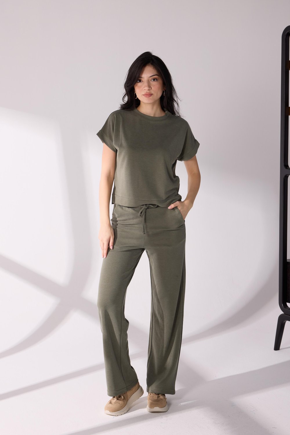 Yandan Yırtmaç Detaylı T-shirt Pantolon Takım Yeşil