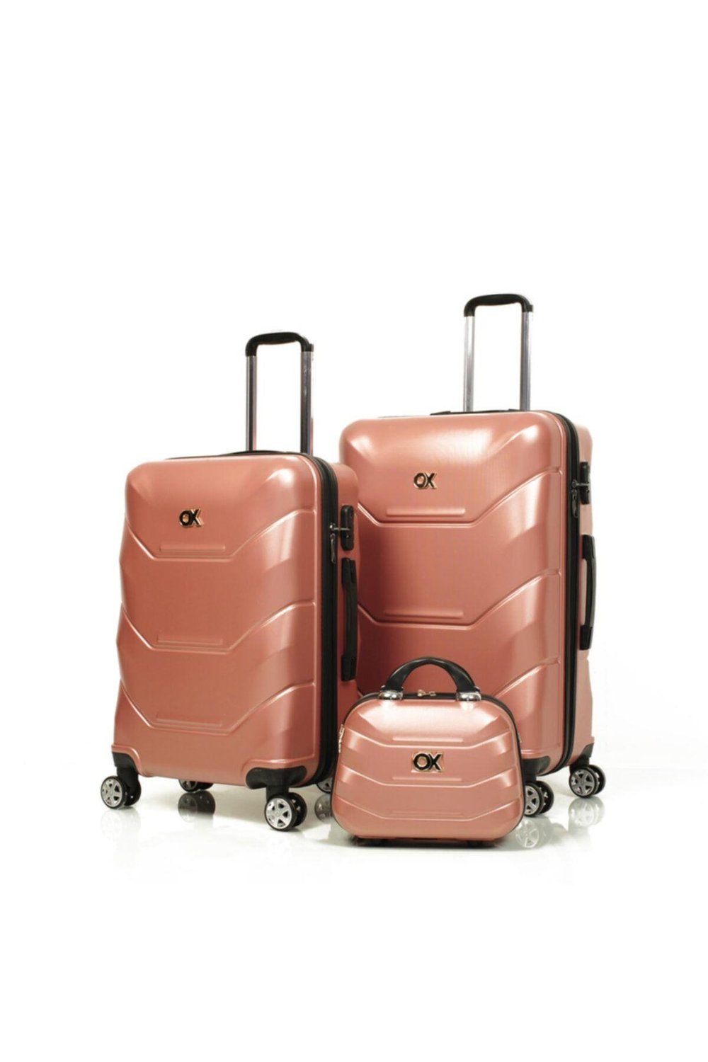 Exclusive 3 lü Rose Gold Valiz Seti (Büyük+Orta+Makyaj)