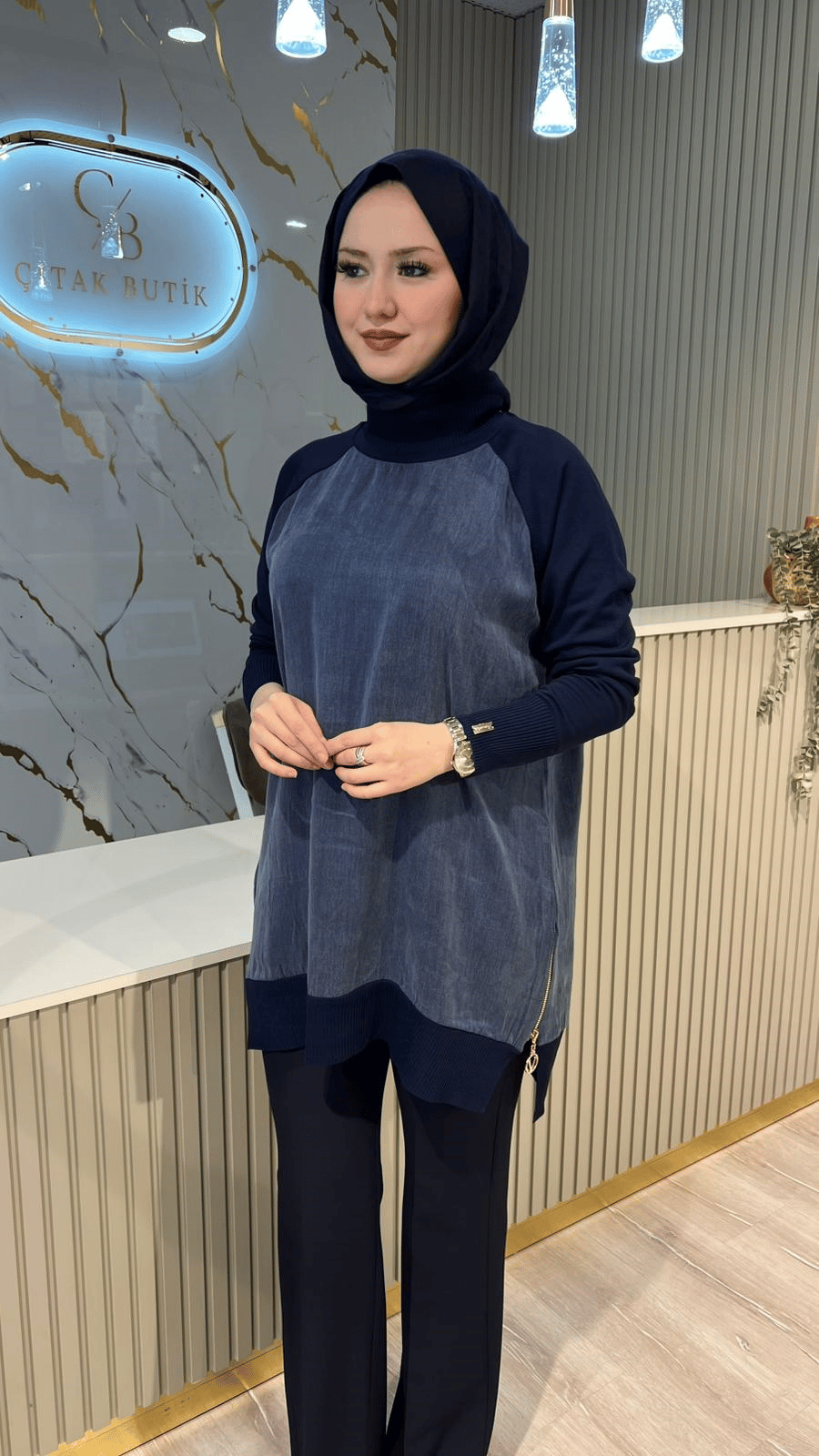 286 FERMUARLI DÜZ QUPRA TUNİK-MAVİ