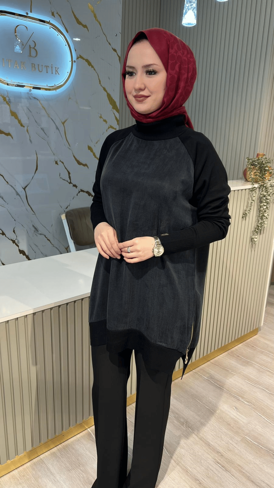 286 FERMUARLI DÜZ QUPRA TUNİK-SİYAH