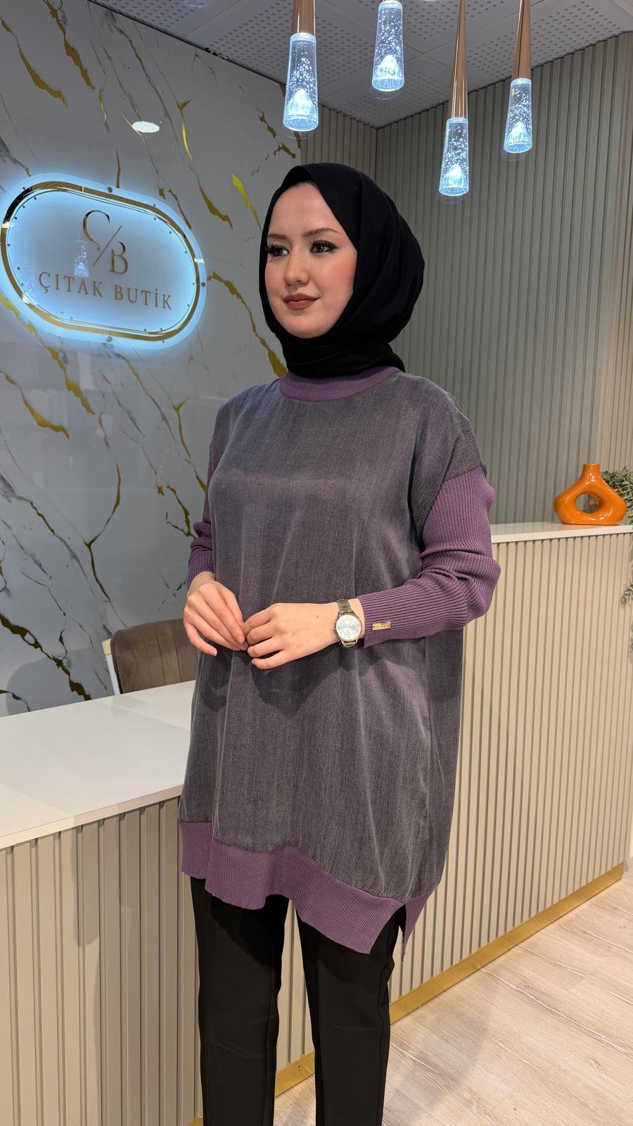 287 KOLLARI FİTİLLİ DÜZ QUPRA TUNİK-LİLA