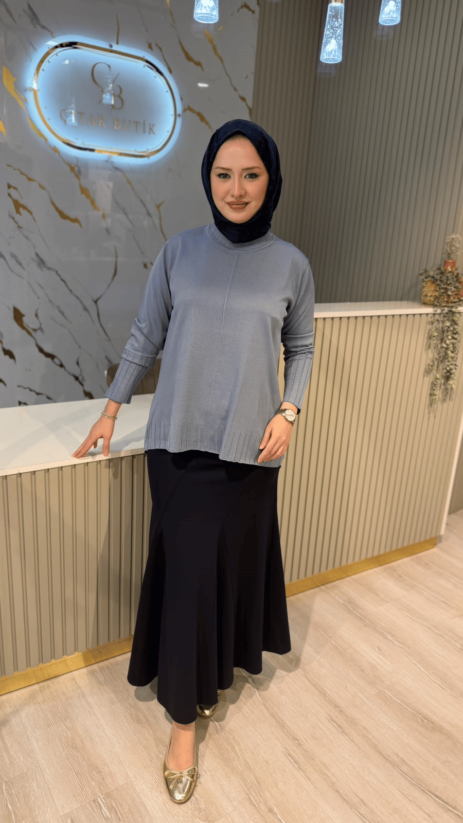 36139 ÇİZGİ DESEN  MERSERİZE BLUZ - İNDİGO