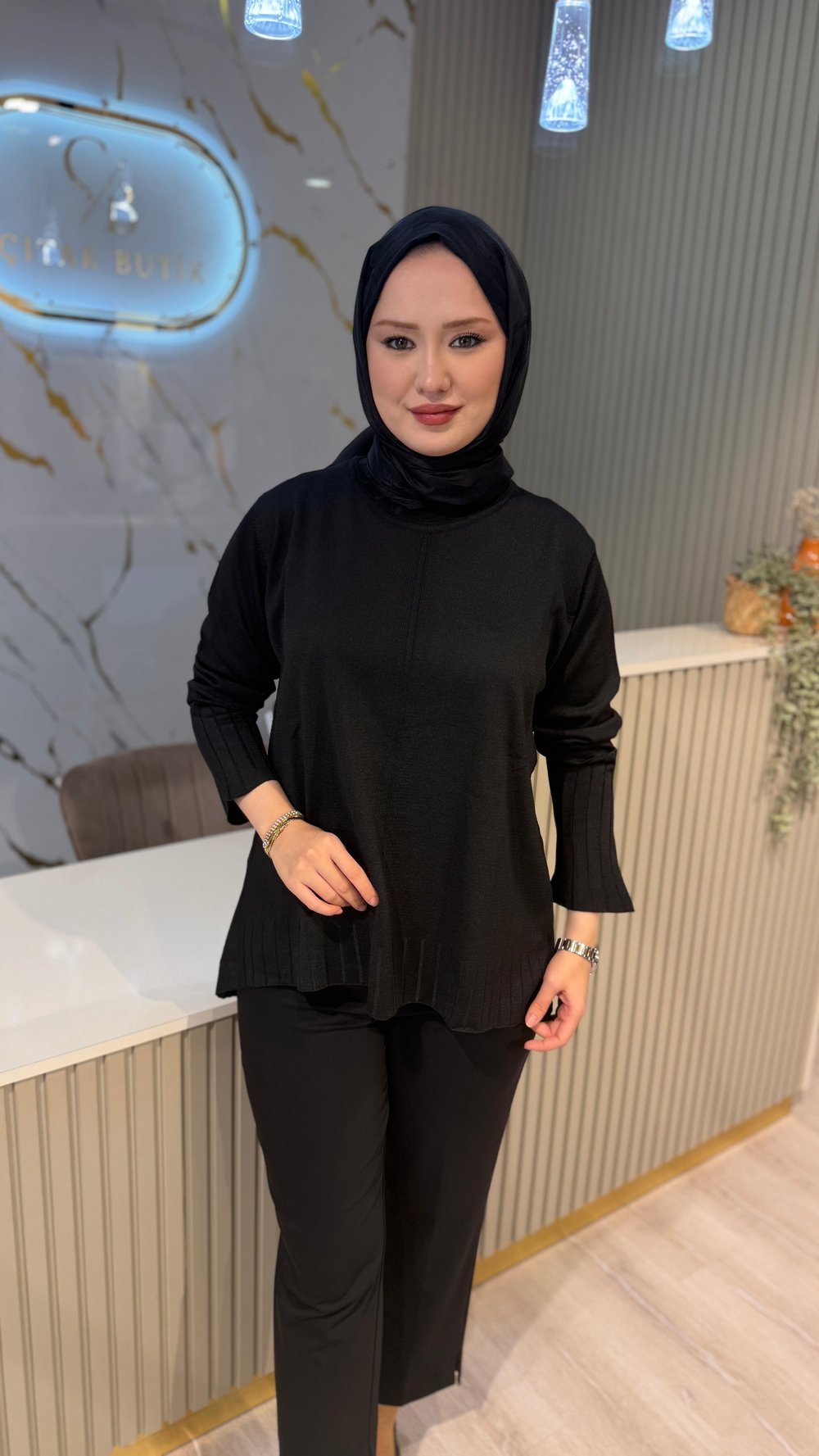 36139 ÇİZGİ DESEN  MERSERİZE BLUZ - SİYAH