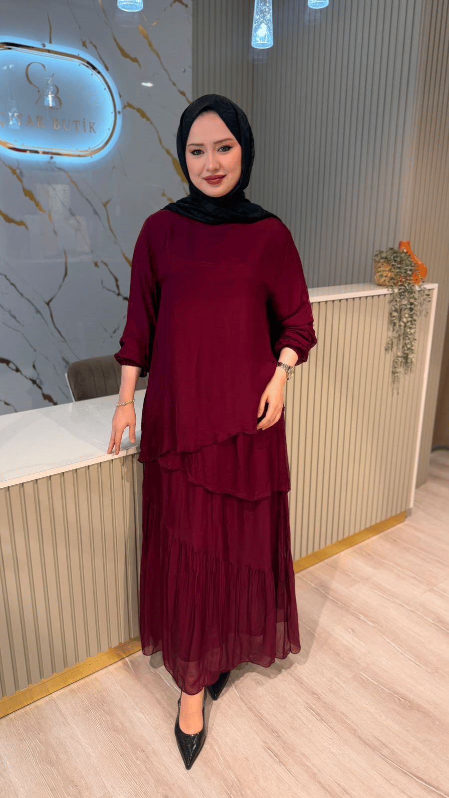 384 İPEK ETEKLİ TAKIM - BORDO
