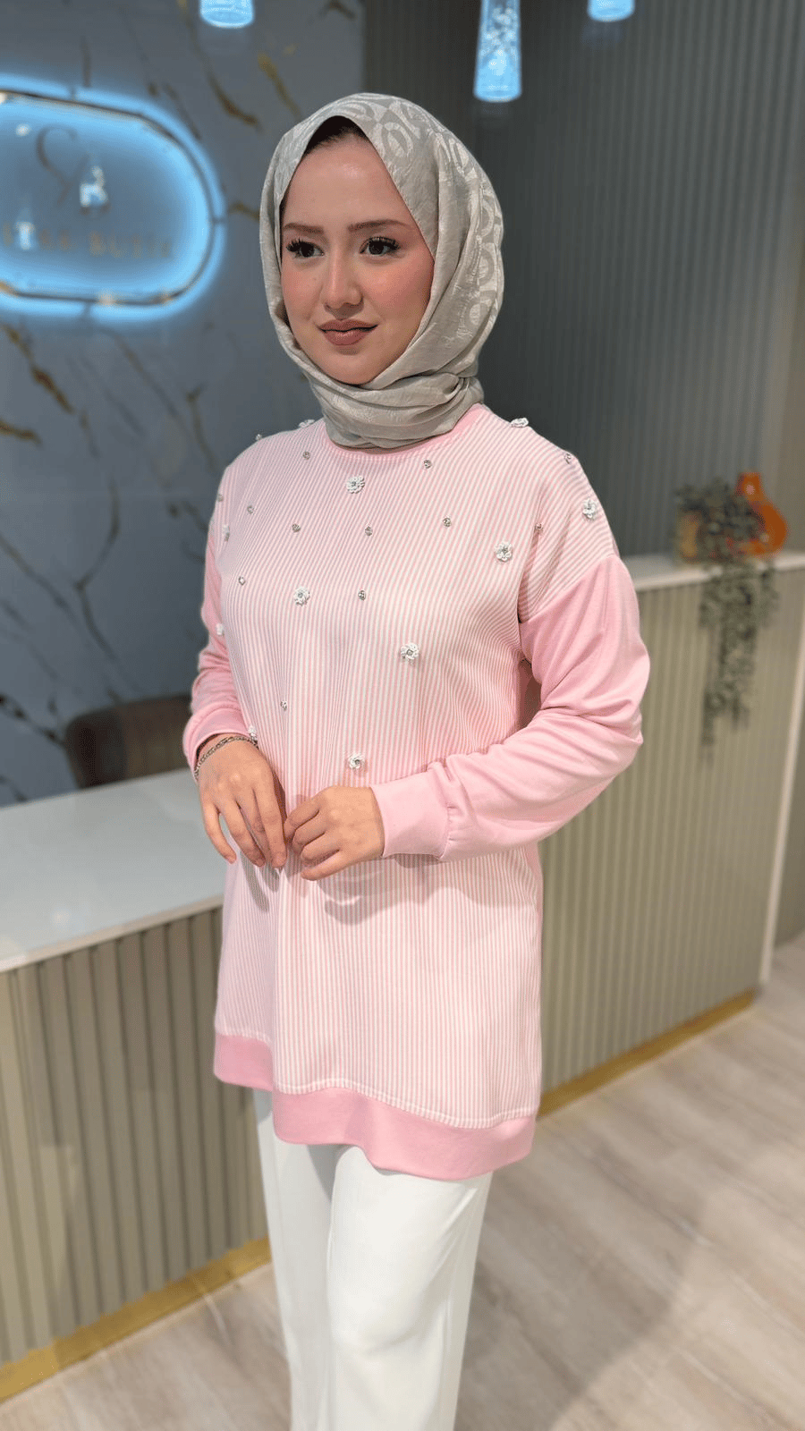 FUAT GÜRŞEN 5363 TAŞ DETAYLI BLUZ - PEMBE