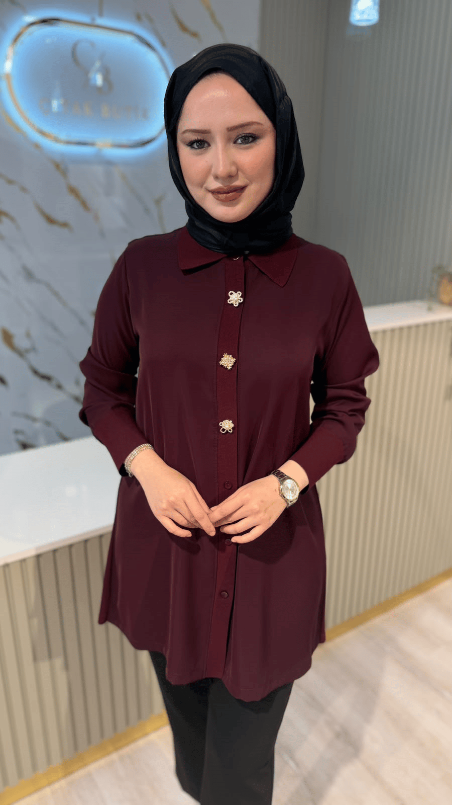 FUAT GÜRŞEN 6931 MERSERİZE DETAYLI TUNİK - MÜRDÜM