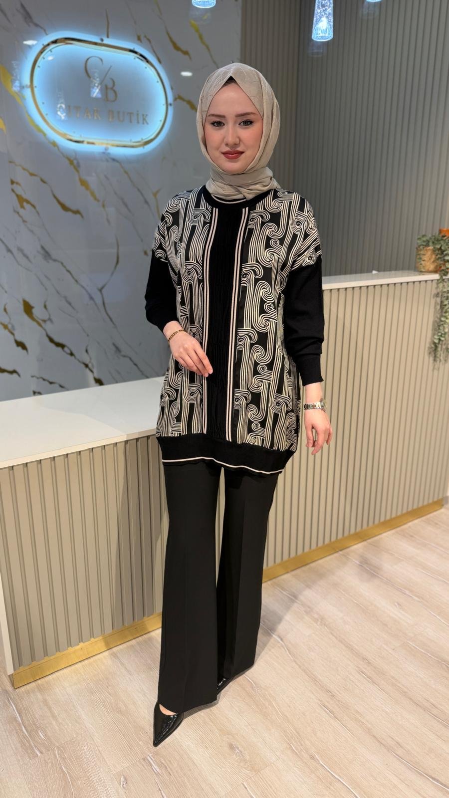 GHİSA 04148 TUNİK- SİYAH /  BEJ ZİNCİR DESEN