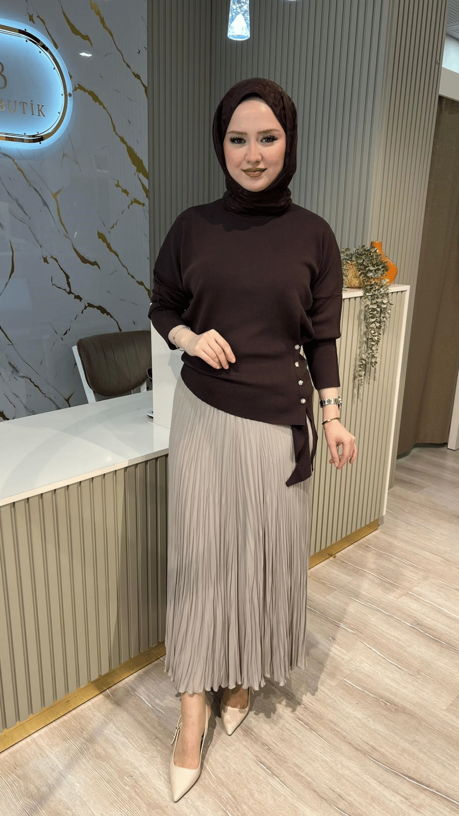 GHİSA 04404 YANI TAŞ DETAYLI TUNİK - KAHVE