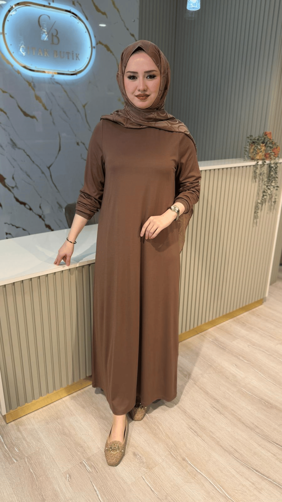 GHİSA 4999 BASİC UZUN KOL ELBİSE-KAHVE